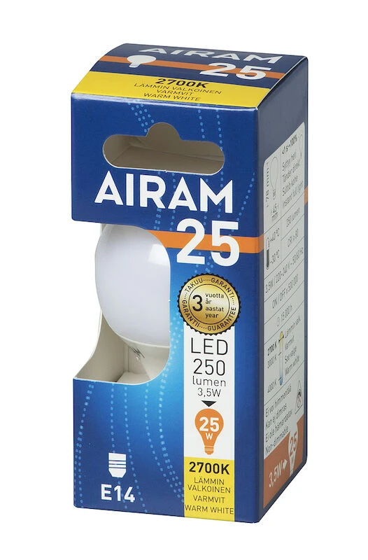 Airam Led-lamppu E14 3,5 W P45 827 250lm OP 1 Airam Led-lamppu E14 3,5 W P45 827 250lm OP