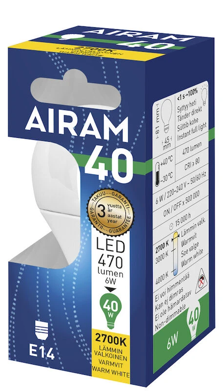 Airam Led-lamppu E14 4,9 W P45 827 470lm OP 1 Airam Led-lamppu E14 4,9 W P45 827 470lm OP